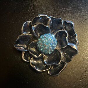 Vintage Navy Blue Enamel Flower Brooch with Aqua Rhinestones Monet